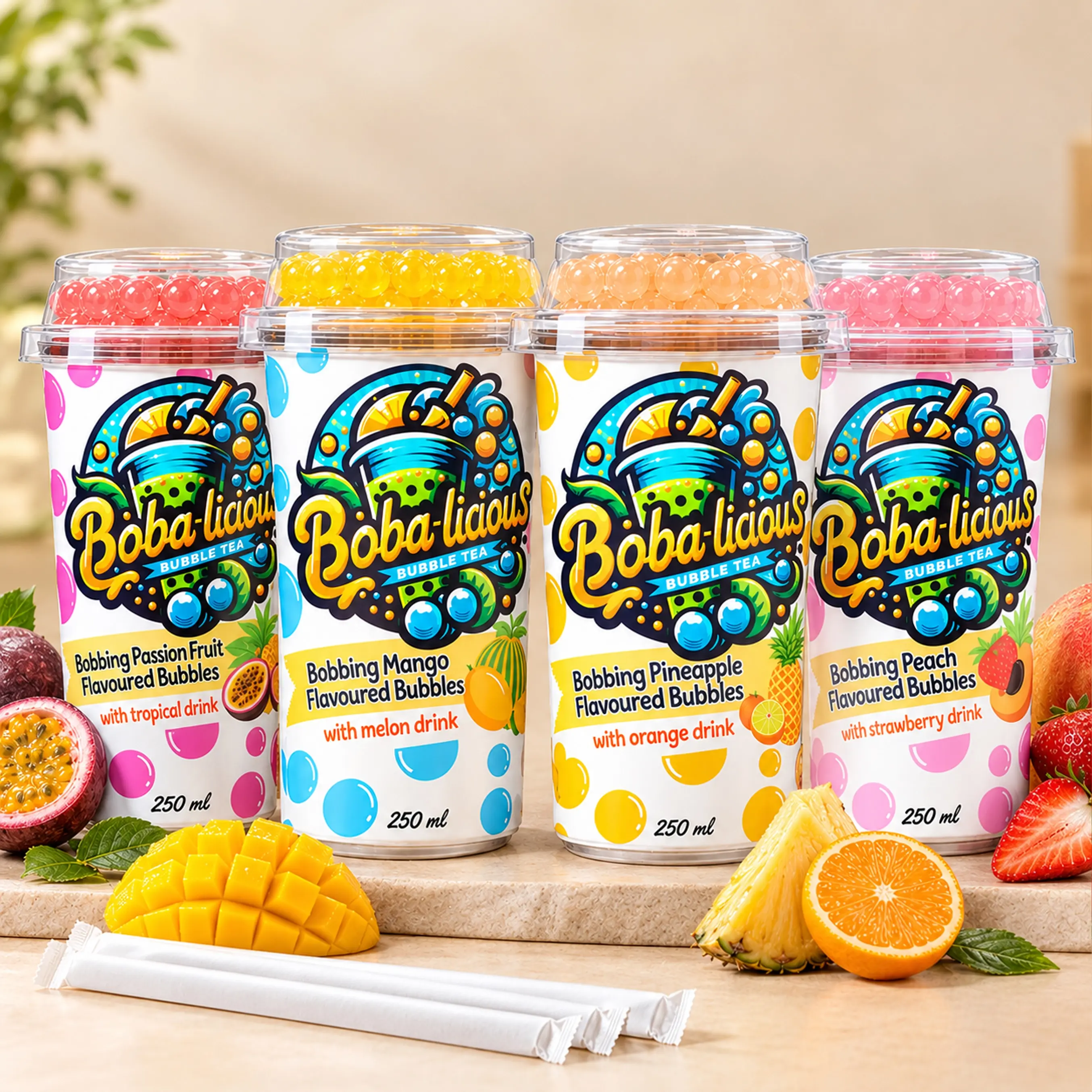 Bobalicious 250 ml cups featuring Passion Fruit, Mango, Pineapple, and Peach flavoured bobbing bubbles.